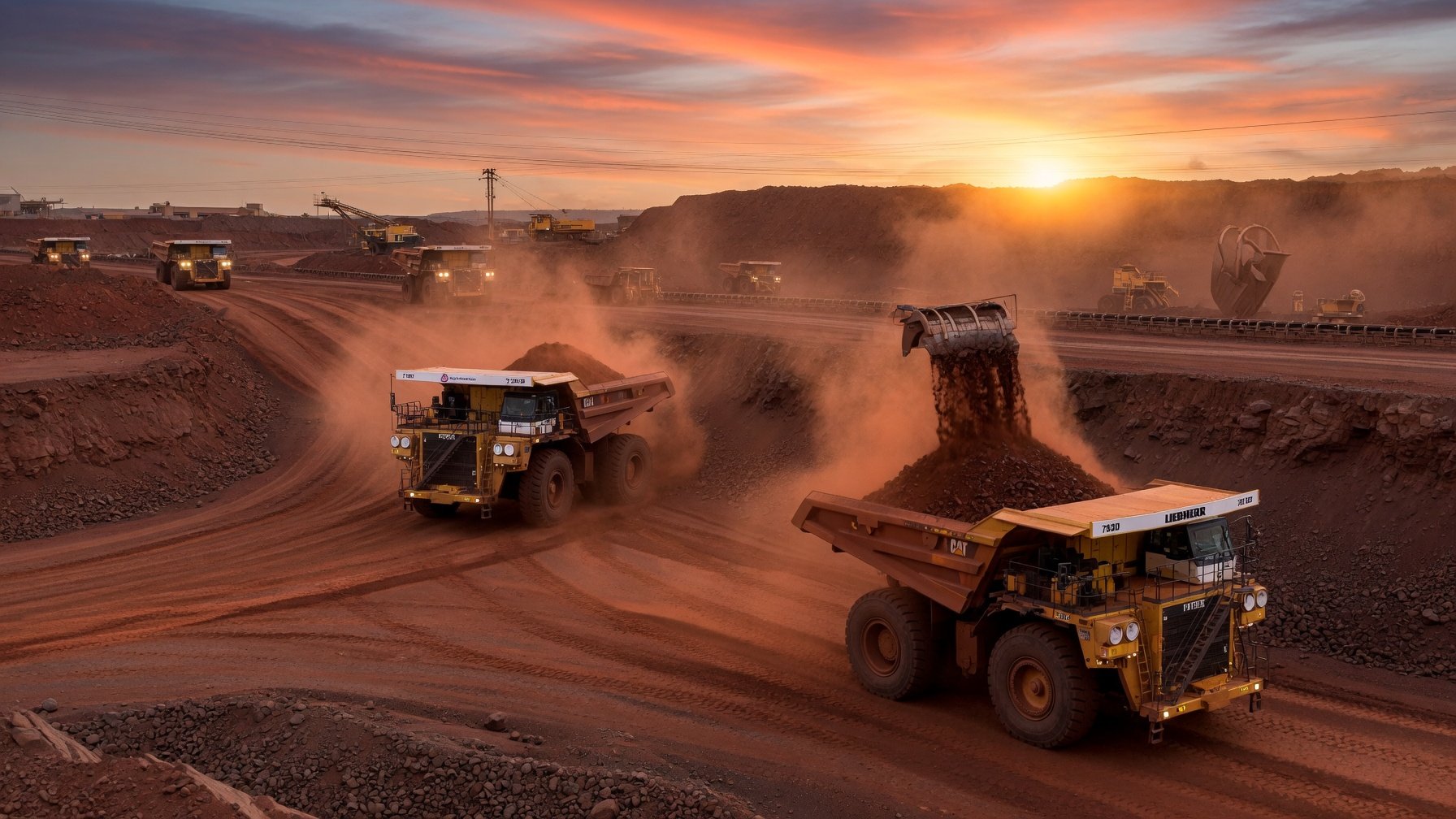 Mining dump trucks on red earth mining site