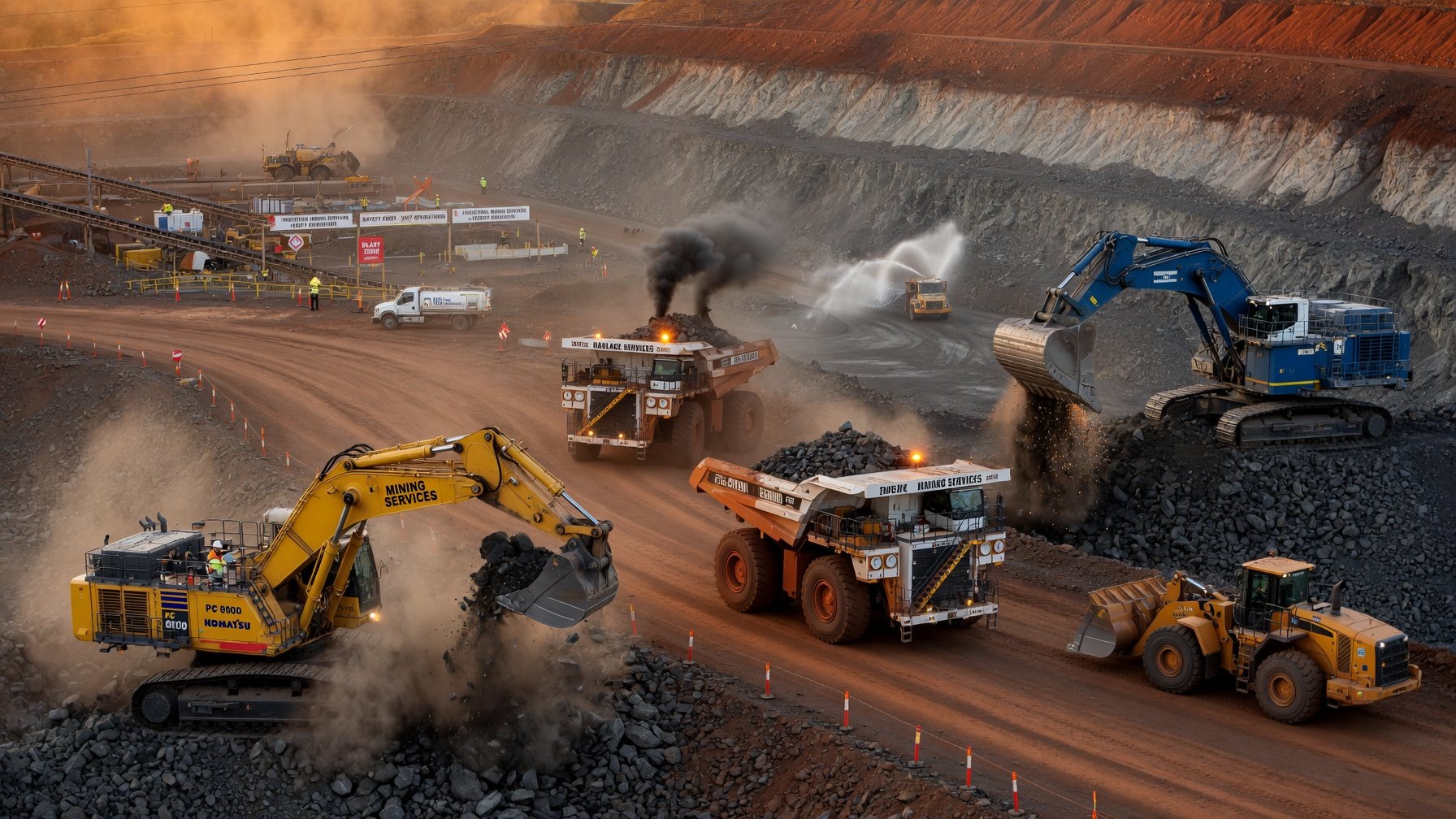 Various heavy machinery at mining operation